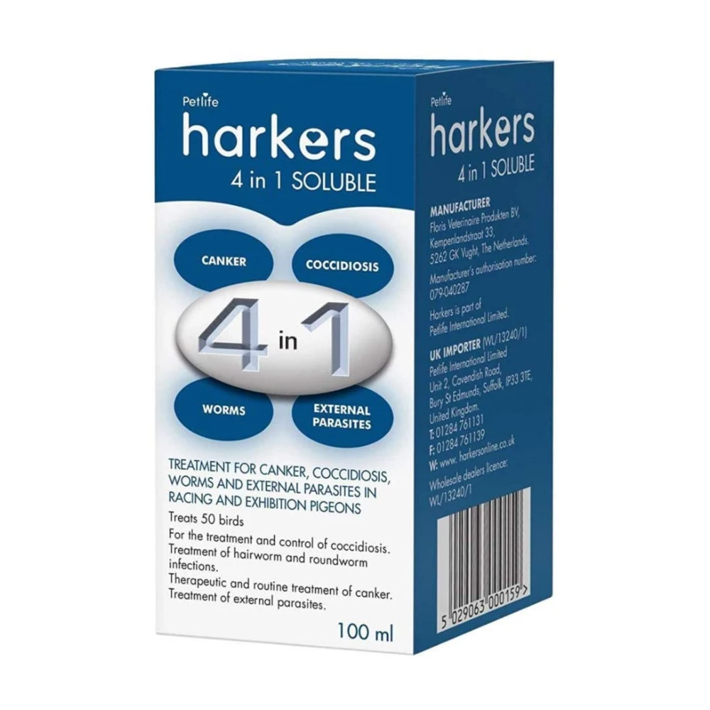 Harkers 4 In 1 Soluble Canker, Coccidiosis, Worms, Parasites In Pigeons 100ml 1 Harkers 4 In 1 Soluble Canker, Coccidiosis, Worms, Parasites In Pigeons 100ml